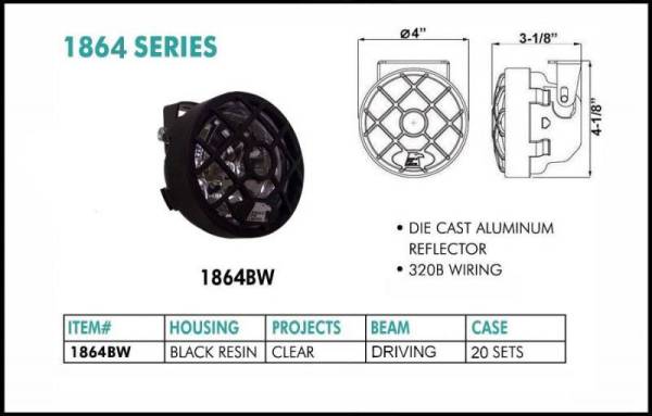 Eagle Eye Lights - Eagle Eye Lights 1864BW 4" Black Resin 12V 55W Driving Clear Round Halogen Off Road Light with Grille Guard Set