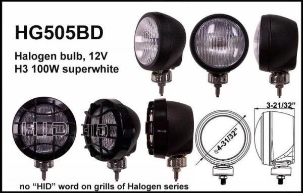 Eagle Eye Lights - Eagle Eye Lights HG505BD 4 31/32" Black 12V 100W Superwhite Driving Clear Round Halogen Off Road Light with Grille Guard Each