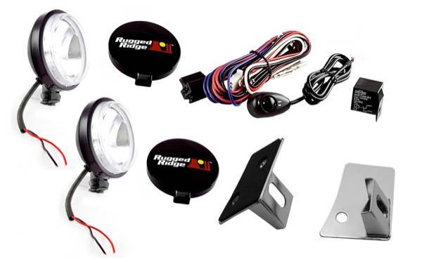 Rugged Ridge - Rugged Ridge 12496.07 Windshield Light Mount Kit With 100 Watt Fog Lights 5 Piece Stainless Steel Mounts With Black Lights Jeep Wrangler Jeep Wrangler JK 2007-2011