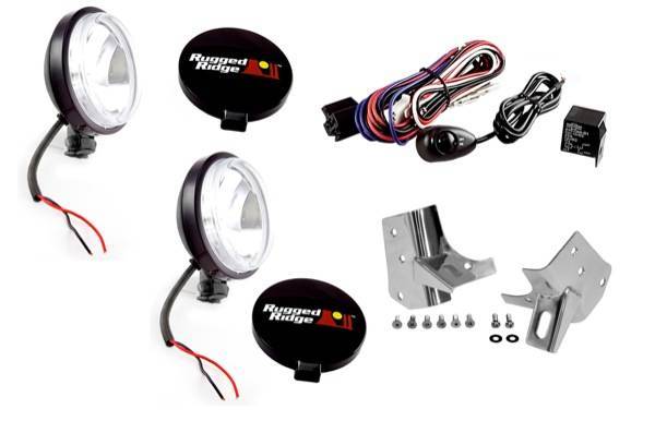 Rugged Ridge - Rugged Ridge 12495.07 Windshield Light Mount Kit With 100 Watt Fog Lights 5 Piece Stainless Steel Mounts With Black Lights Jeep Wrangler TJ 1997-2006