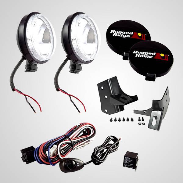 Rugged Ridge - Rugged Ridge 12495.06 Windshield Light Mount Kit With Slim Fog Lights 5 Piece Black Jeep Wrangler TJ 1997-2006